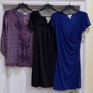 Elegant Blue Draped Dress, black dress and multicolored blouse sizes M